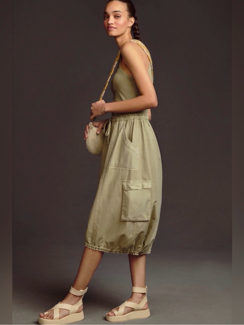 Daily Practice Anthropologie Sleeveless Olive Midi Dress with Drawstring Waist - Picture 4 of 10